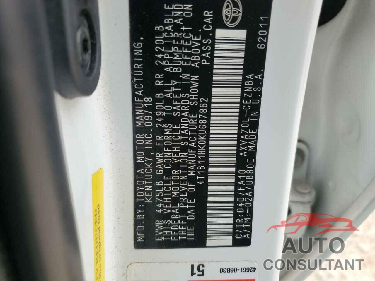 TOYOTA CAMRY 2019 - 4T1B11HK0KU687862