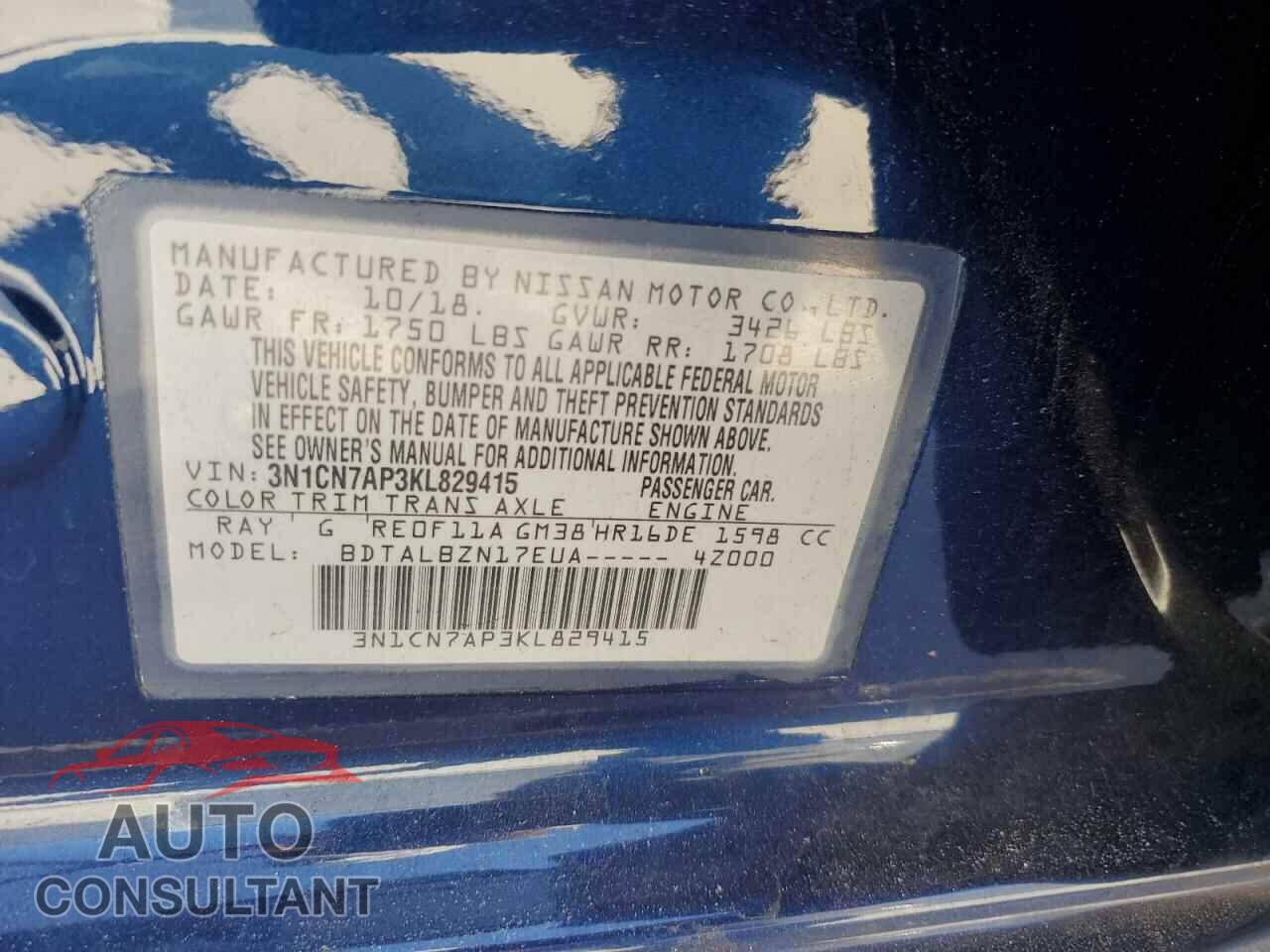 NISSAN VERSA 2019 - 3N1CN7AP3KL829415