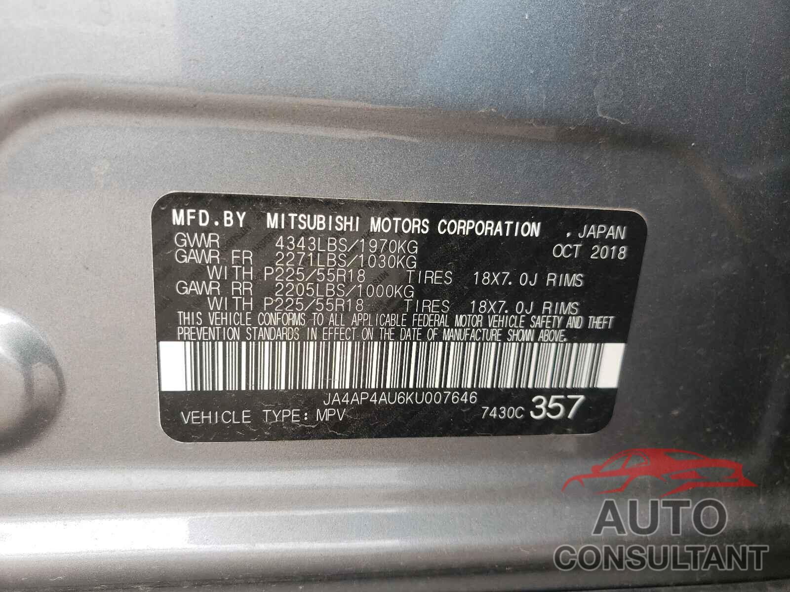 MITSUBISHI OUTLANDER 2019 - JA4AP4AU6KU007646