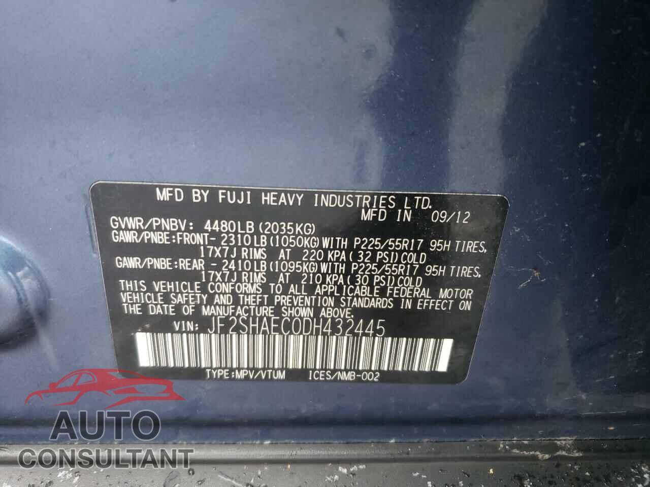 SUBARU FORESTER 2013 - JF2SHAEC0DH432445