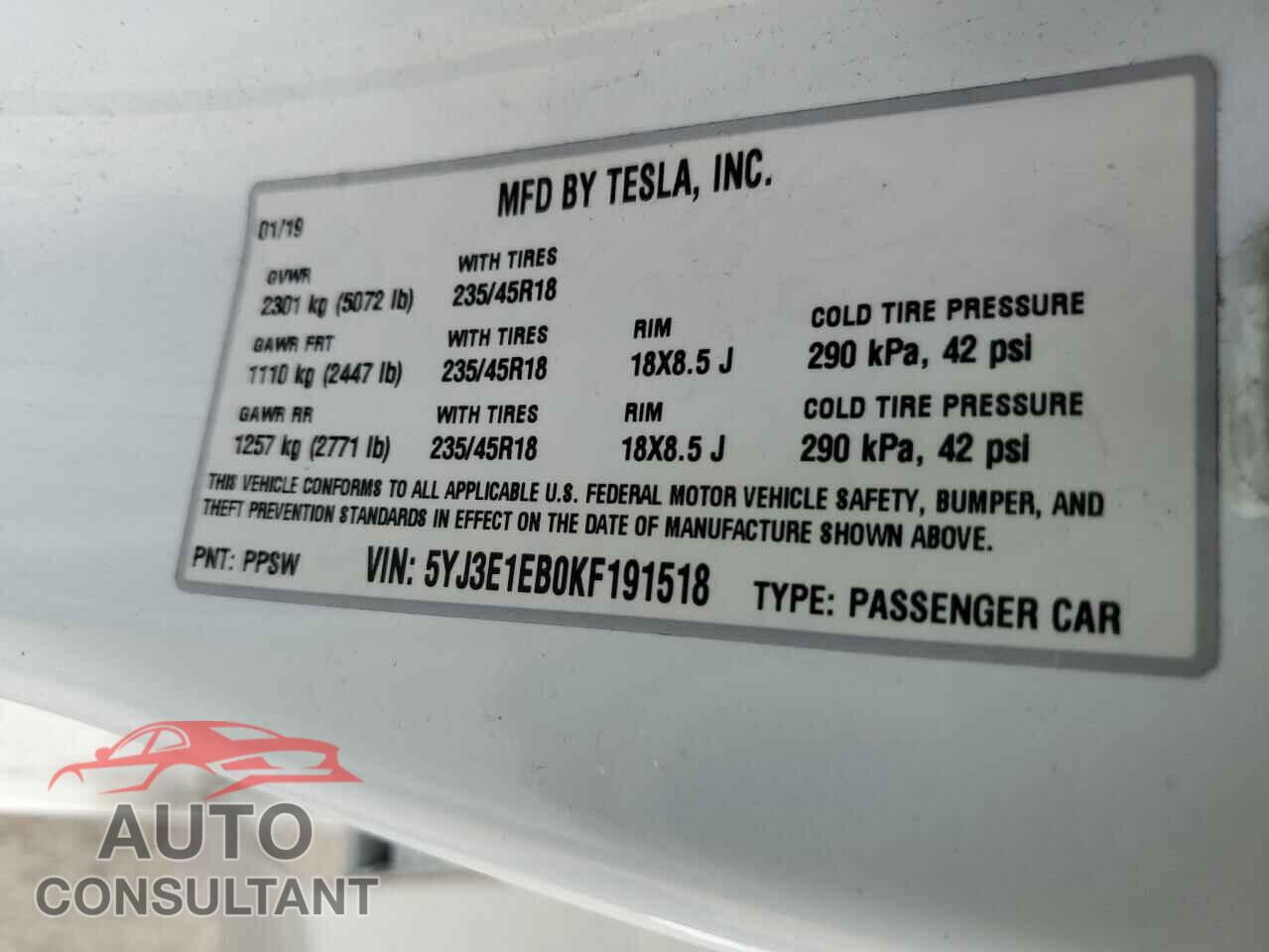 TESLA MODEL 3 2019 - 5YJ3E1EB0KF191518