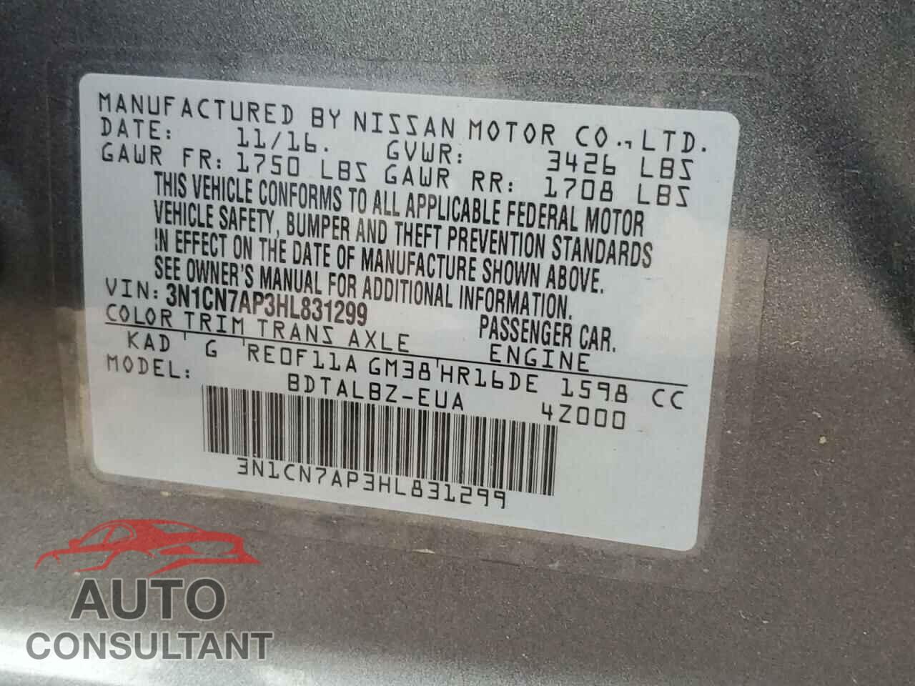 NISSAN VERSA 2017 - 3N1CN7AP3HL831299