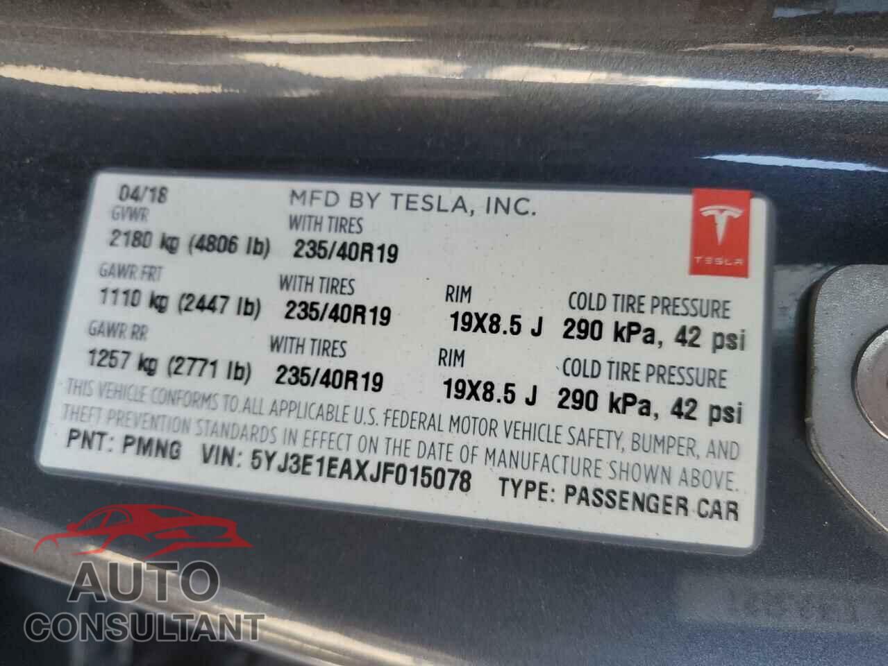 TESLA MODEL 3 2018 - 5YJ3E1EAXJF015078