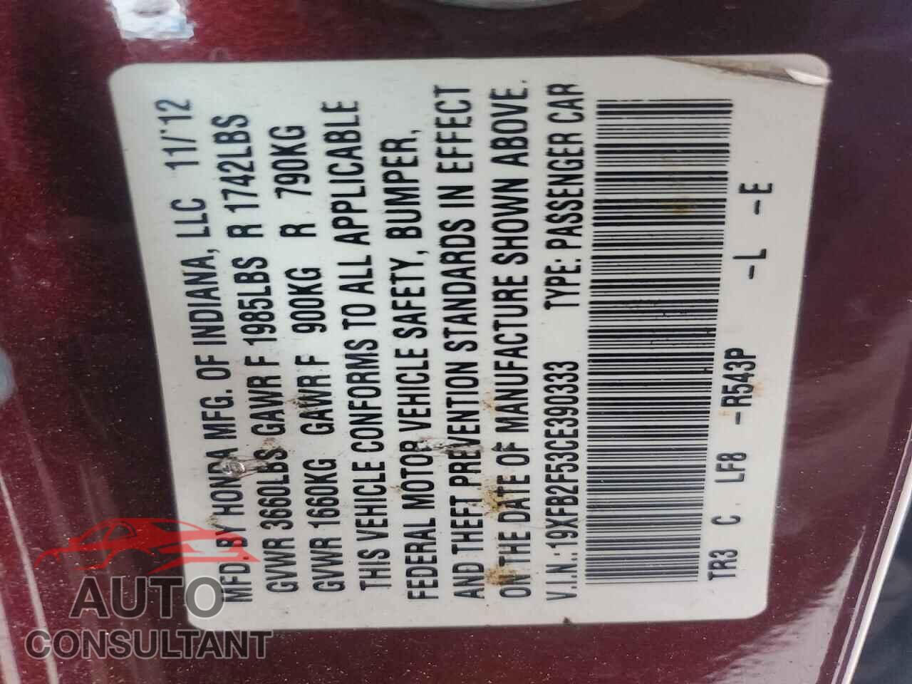 HONDA CIVIC 2012 - 19XFB2F53CE390333
