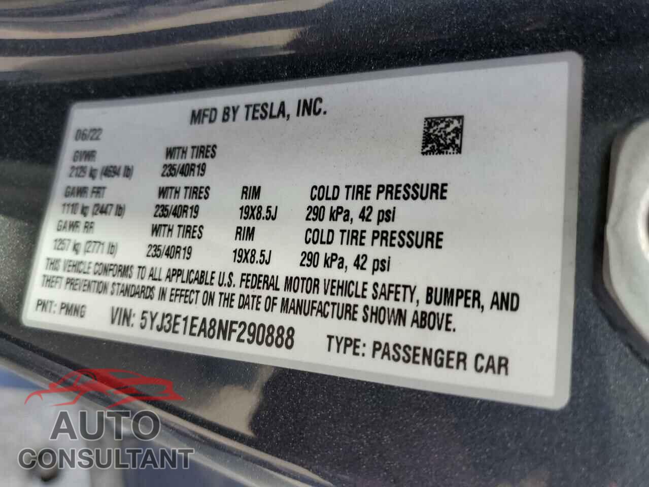 TESLA MODEL 3 2022 - 5YJ3E1EA8NF290888