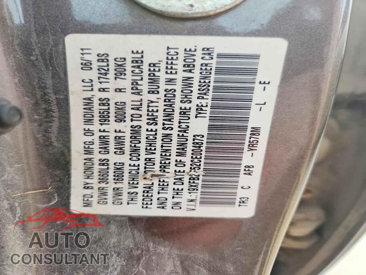 HONDA CIVIC 2012 - 19XFB2F52CE004873