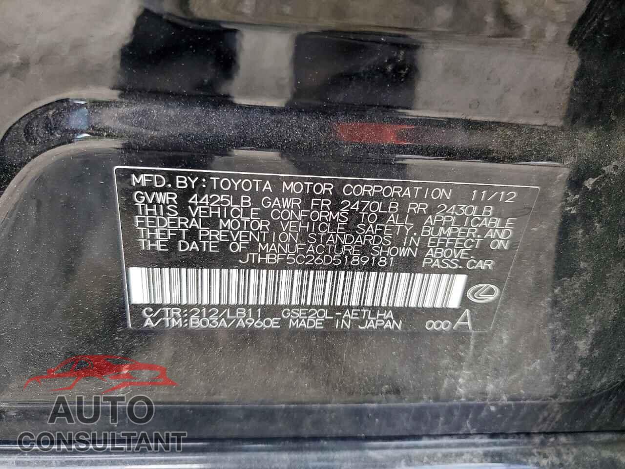 LEXUS IS 2013 - JTHBF5C26D5189181