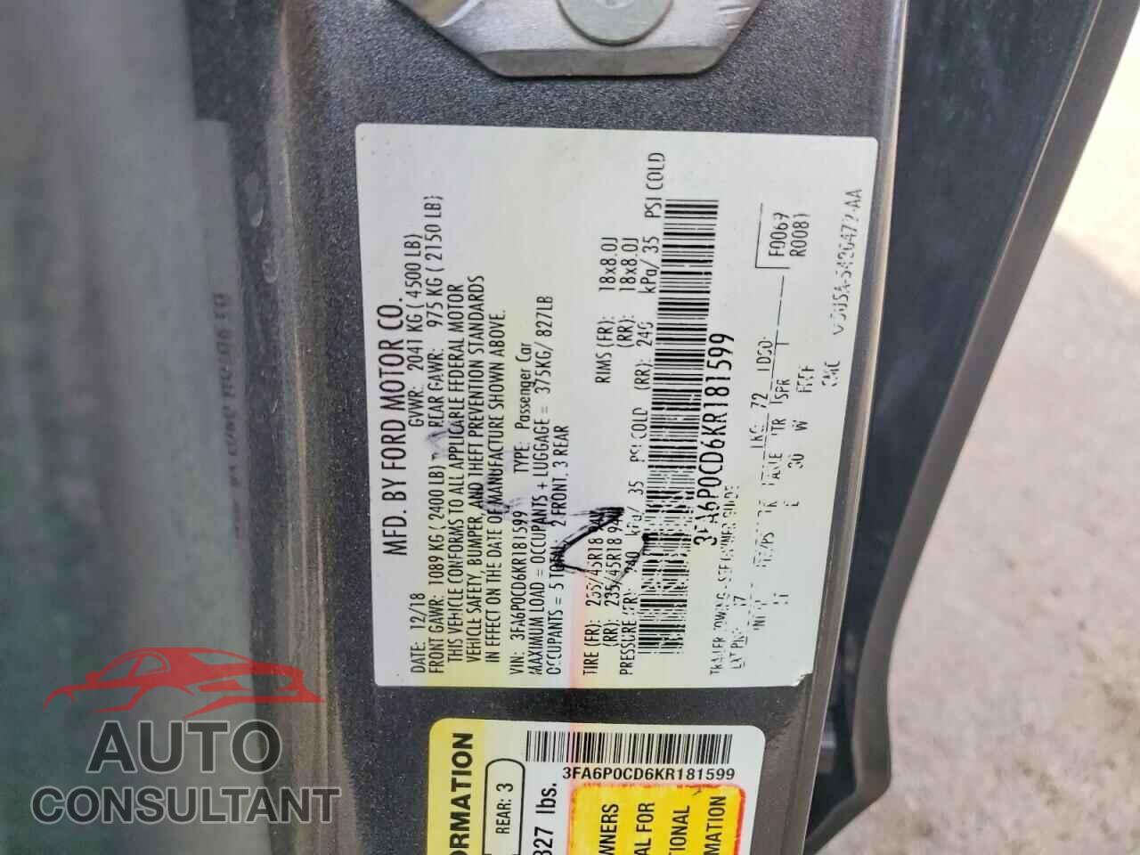 FORD FUSION 2019 - 3FA6P0CD6KR181599
