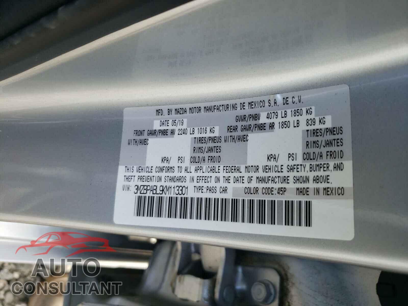 MAZDA 3 2019 - 3MZBPABL9KM113301