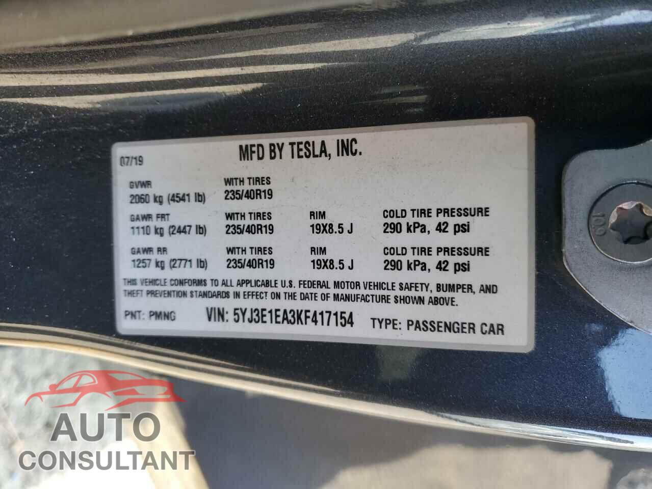 TESLA MODEL 3 2019 - 5YJ3E1EA3KF417154