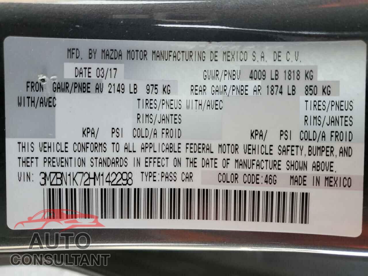 MAZDA 3 2017 - 3MZBN1K72HM142298