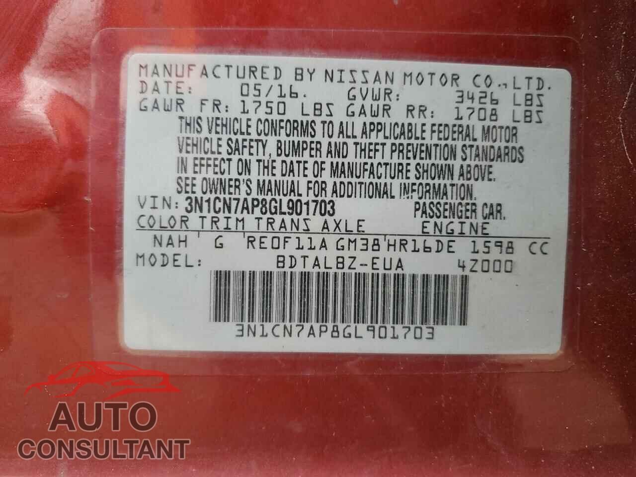 NISSAN VERSA 2016 - 3N1CN7AP8GL901703