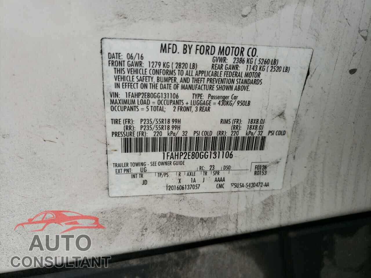 FORD TAURUS 2016 - 1FAHP2E80GG131106