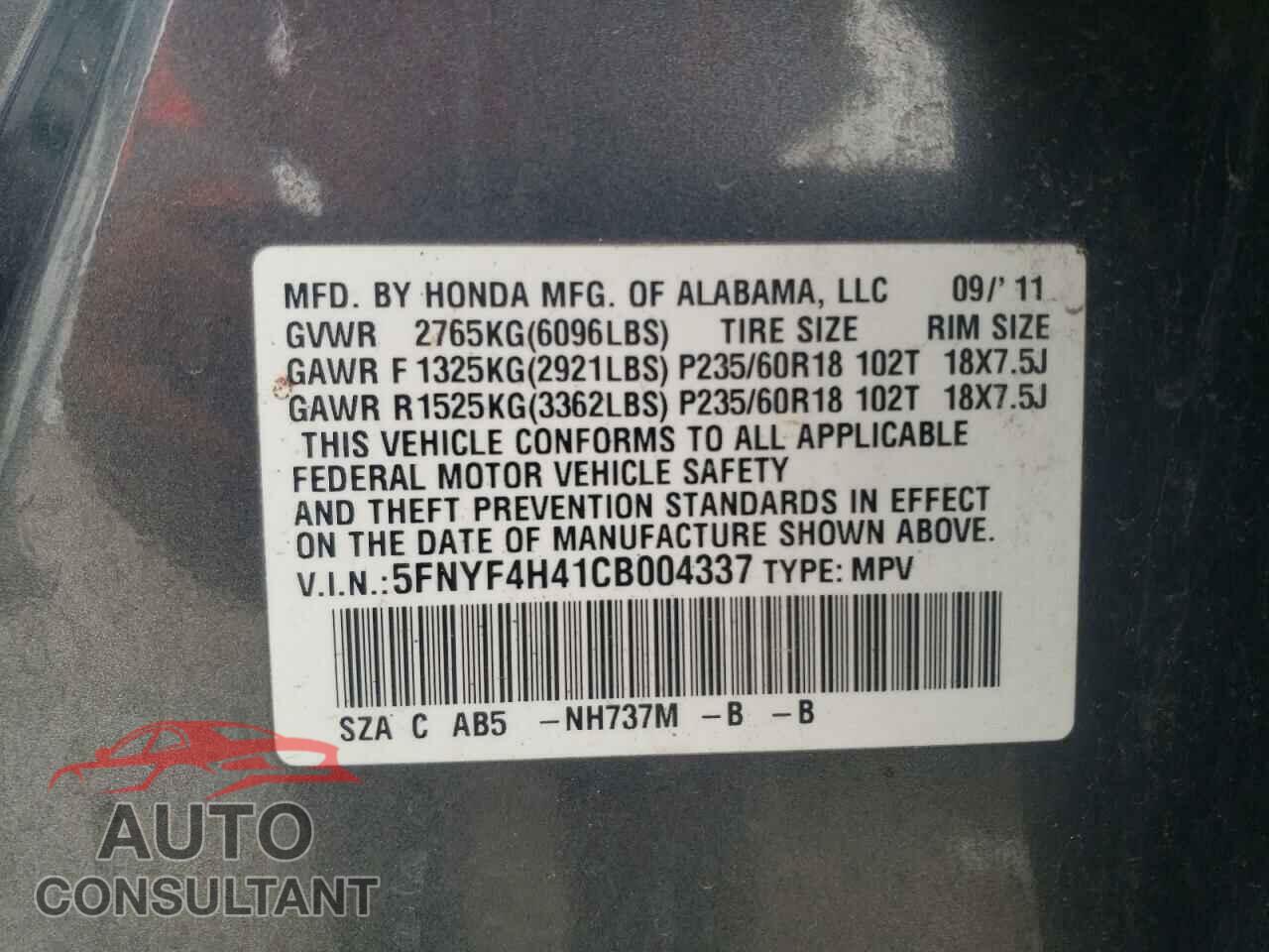 HONDA PILOT 2012 - 5FNYF4H41CB004337
