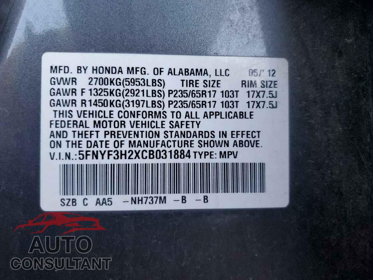 HONDA PILOT 2012 - 5FNYF3H2XCB031884
