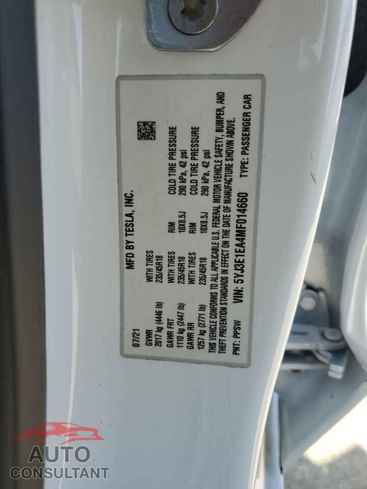 TESLA MODEL 3 2021 - 5YJ3E1EA4MF014660