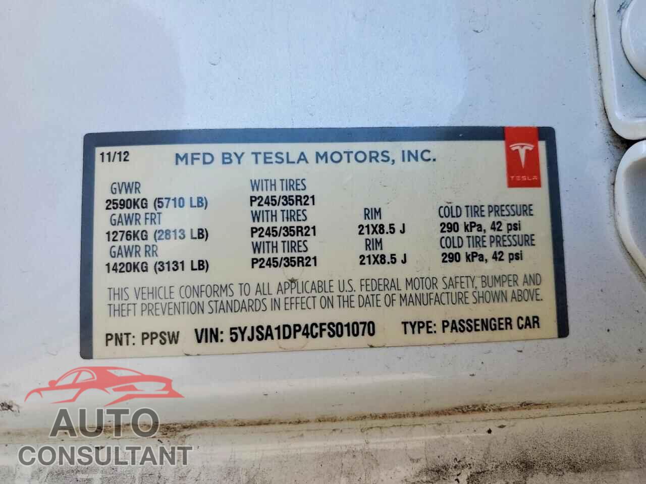 TESLA MODEL S 2012 - 5YJSA1DP4CFS01070