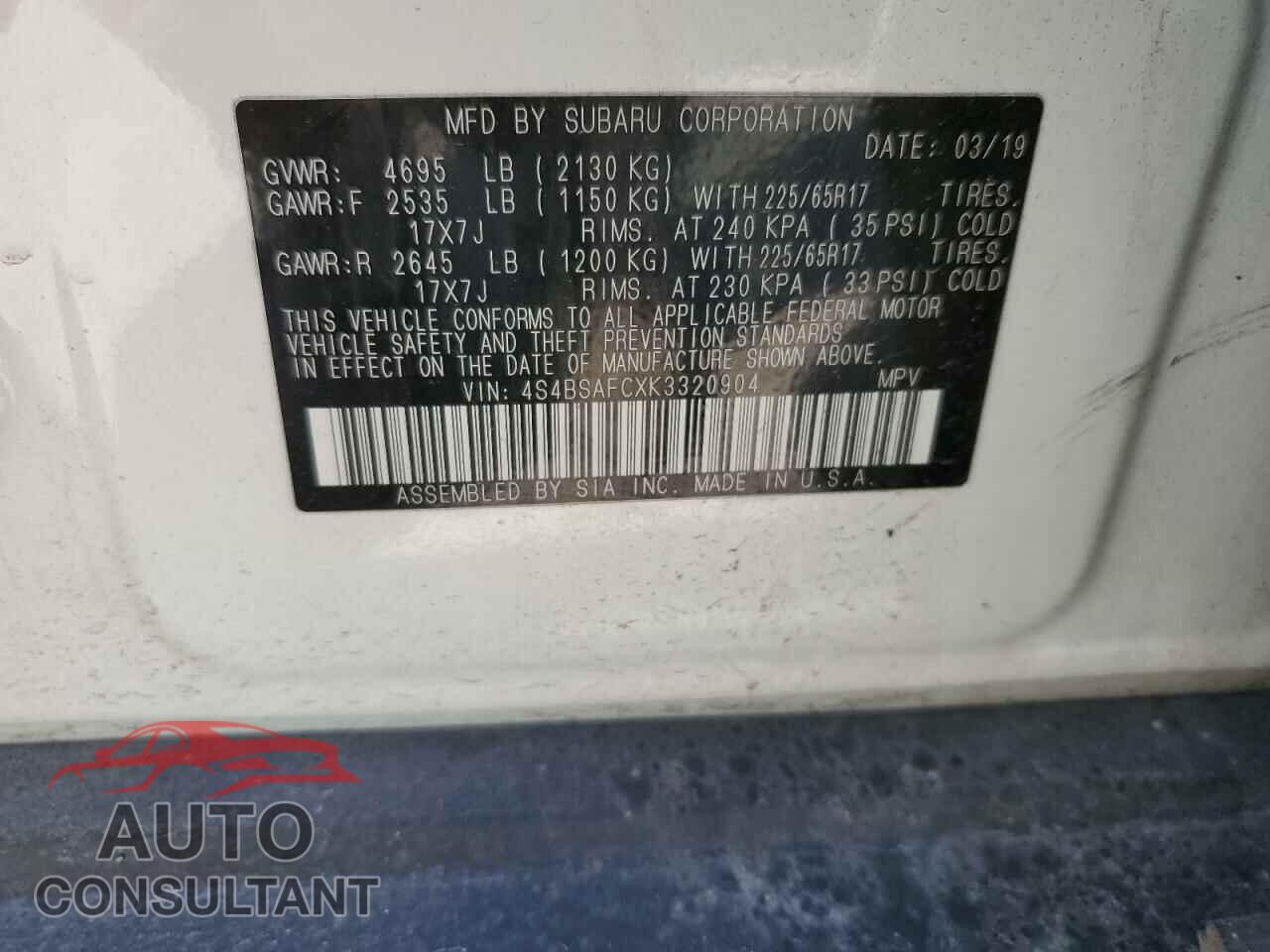 SUBARU OUTBACK 2019 - 4S4BSAFCXK3320904