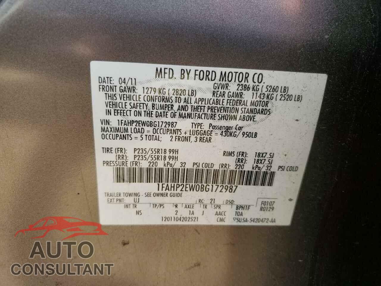 FORD TAURUS 2011 - 1FAHP2EW0BG172987