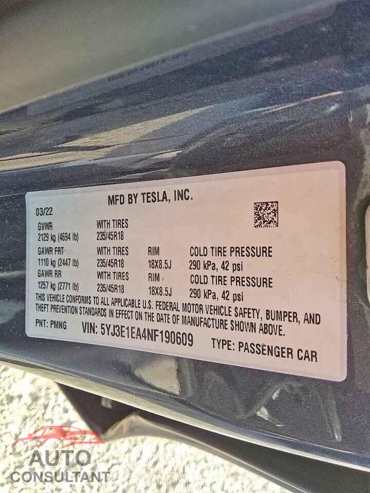 TESLA MODEL 3 2022 - 5YJ3E1EA4NF190609
