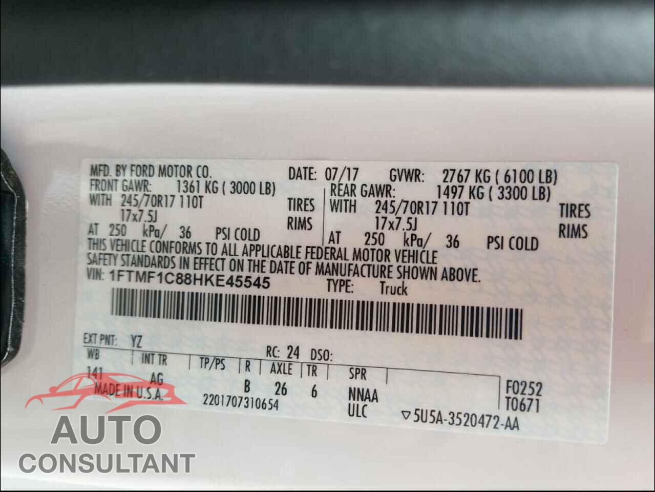 FORD F150 2017 - 1FTMF1C88HKE45545