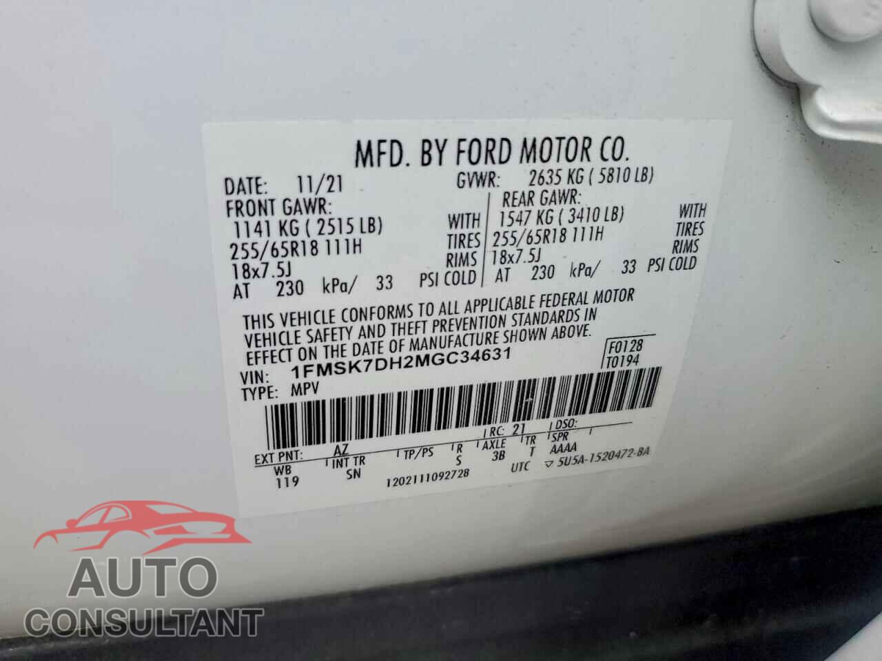 FORD EXPLORER 2021 - 1FMSK7DH2MGC34631