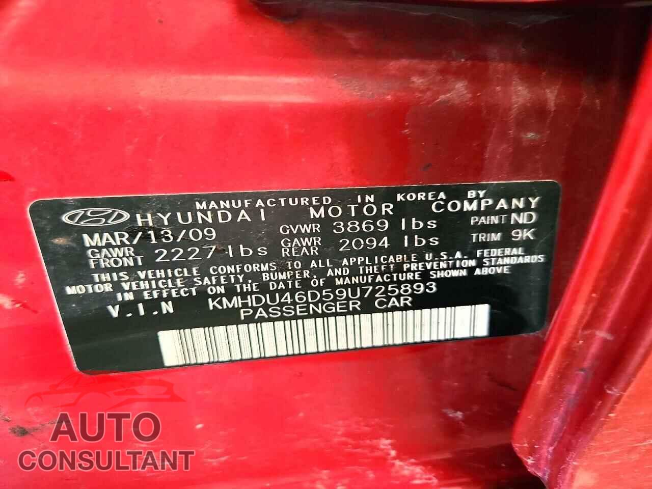 HYUNDAI ELANTRA 2009 - KMHDU46D59U725893