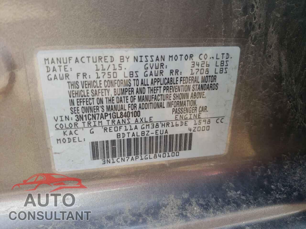 NISSAN VERSA 2016 - 3N1CN7AP1GL840100