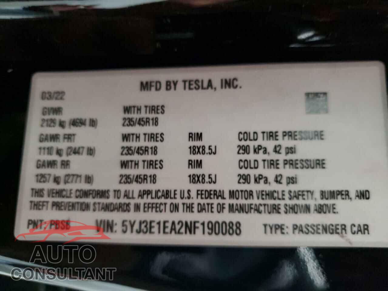 TESLA MODEL 3 2022 - 5YJ3E1EA2NF190088