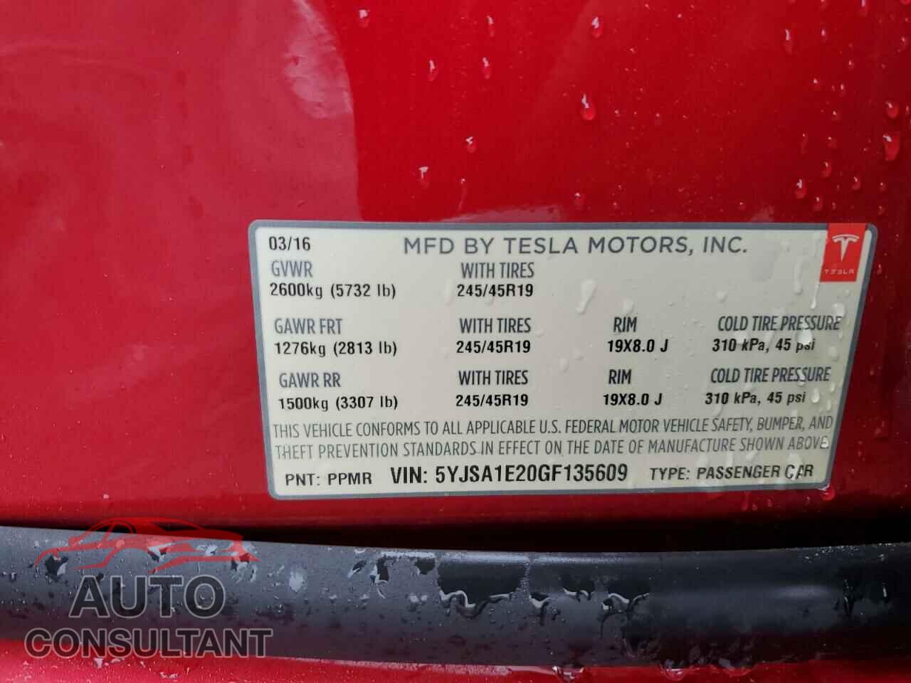 TESLA MODEL S 2016 - 5YJSA1E20GF135609