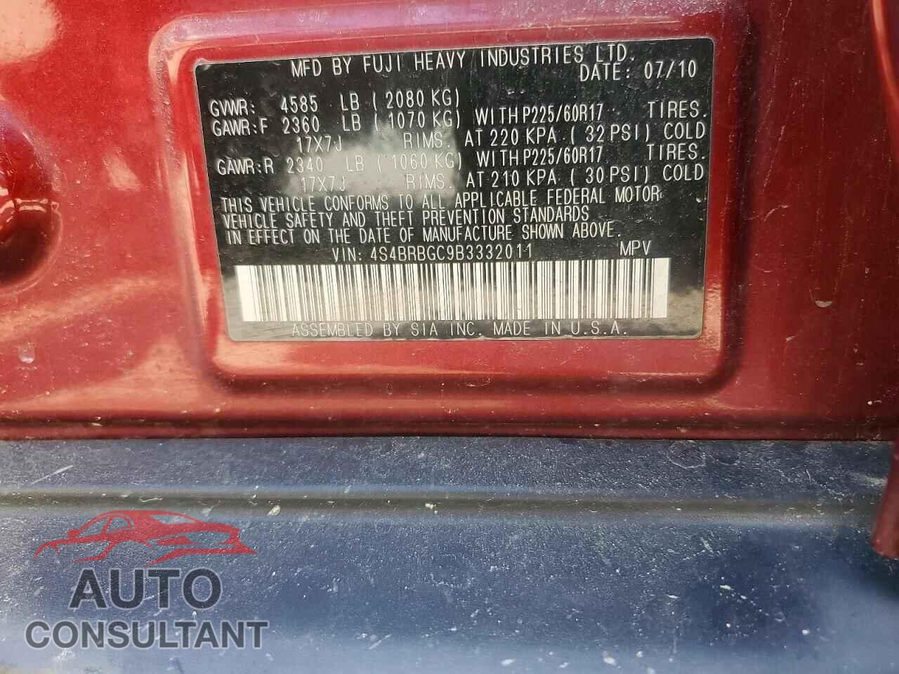 SUBARU OUTBACK 2011 - 4S4BRBGC9B3332011