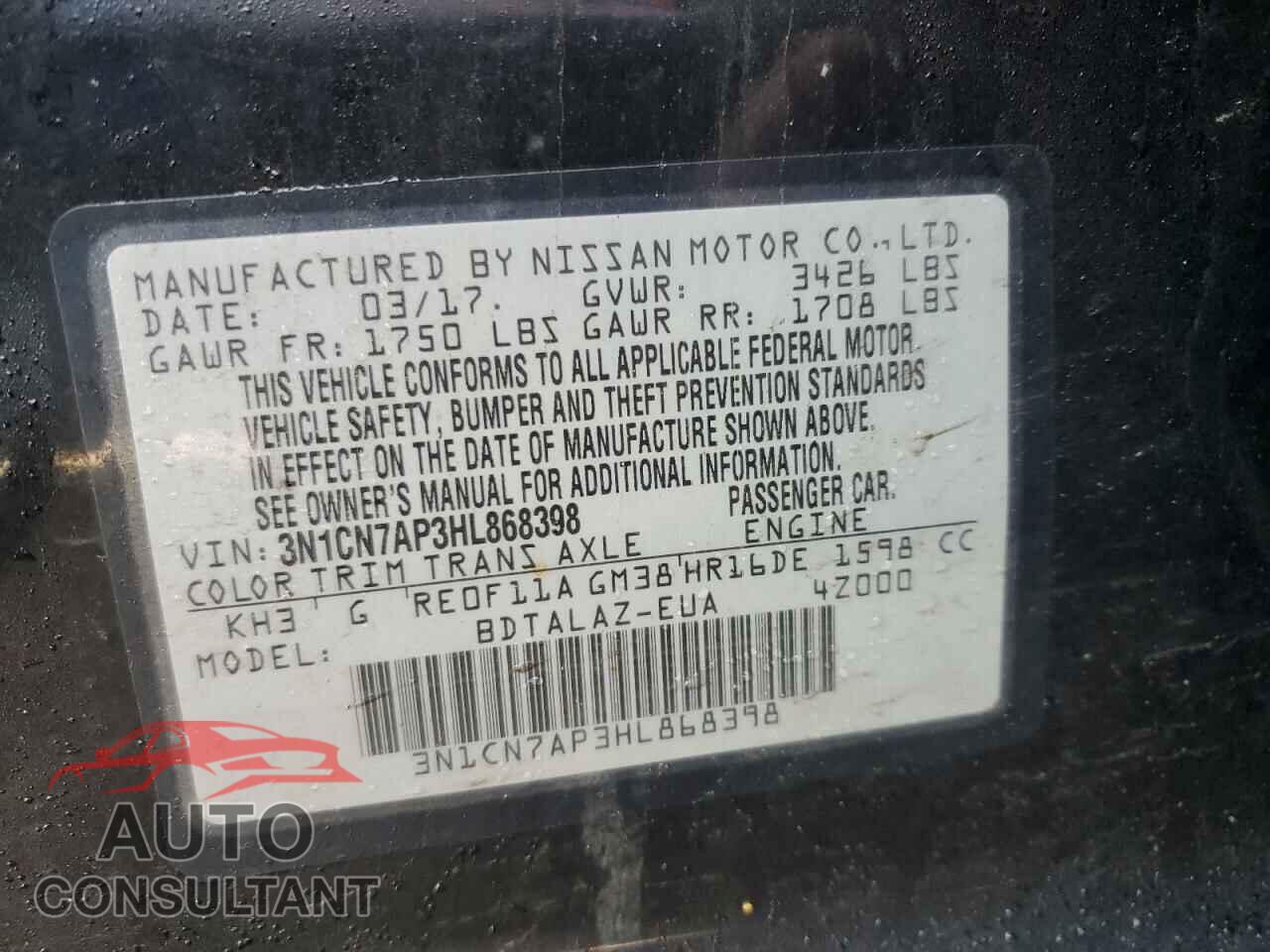 NISSAN VERSA 2017 - 3N1CN7AP3HL868398