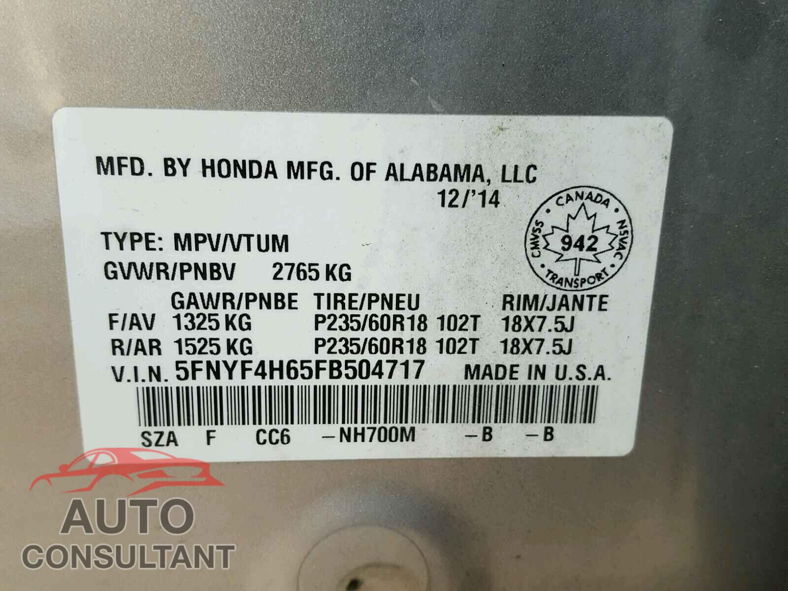 HONDA PILOT EXL 2015 - 5FNYF4H65FB504717