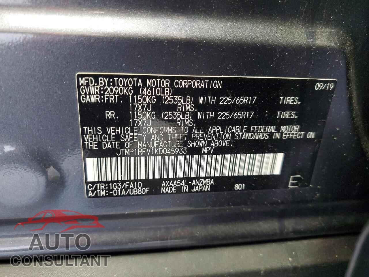 TOYOTA RAV4 2019 - JTMP1RFV1KD045933