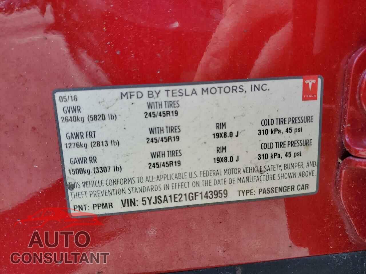 TESLA MODEL S 2016 - 5YJSA1E21GF143959