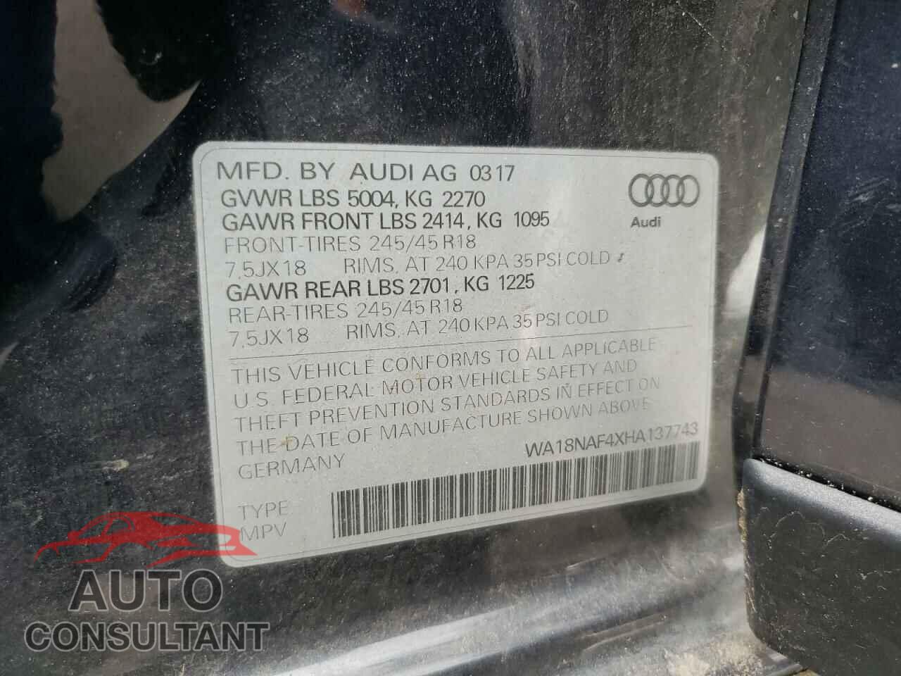 AUDI A4 2017 - WA18NAF4XHA137743