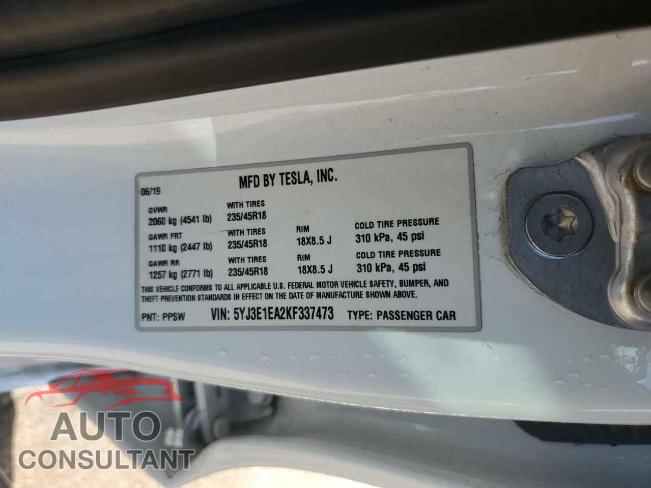 TESLA MODEL 3 2019 - 5YJ3E1EA2KF337473