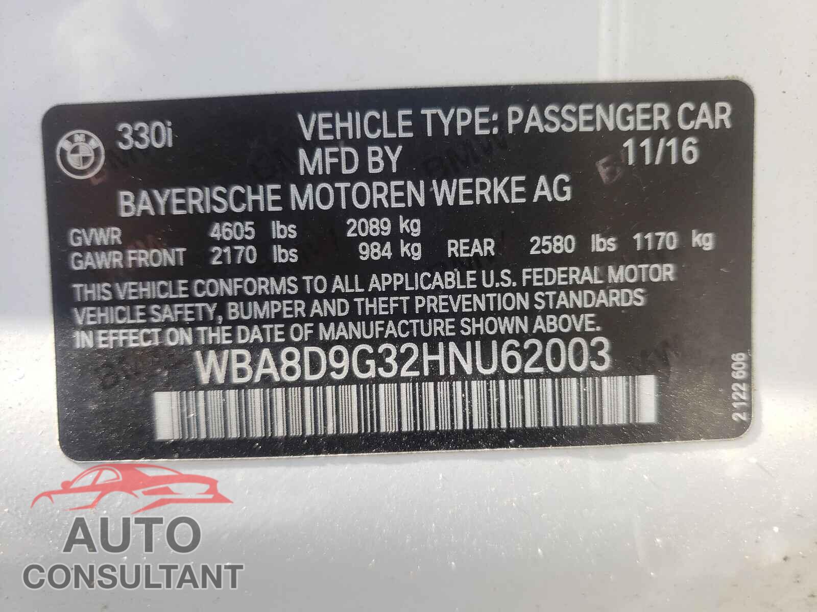 BMW 3 SERIES 2017 - WBA8D9G32HNU62003