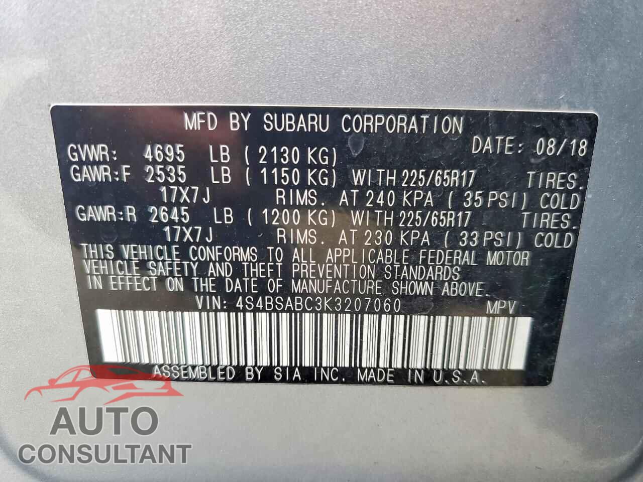 SUBARU OUTBACK 2019 - 4S4BSABC3K3207060