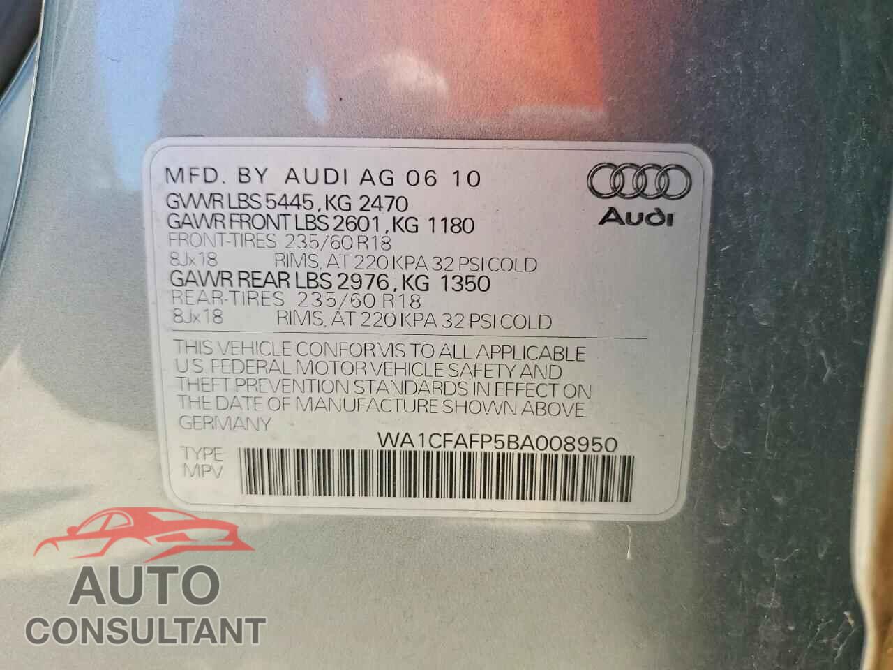 AUDI Q5 2011 - WA1CFAFP5BA008950