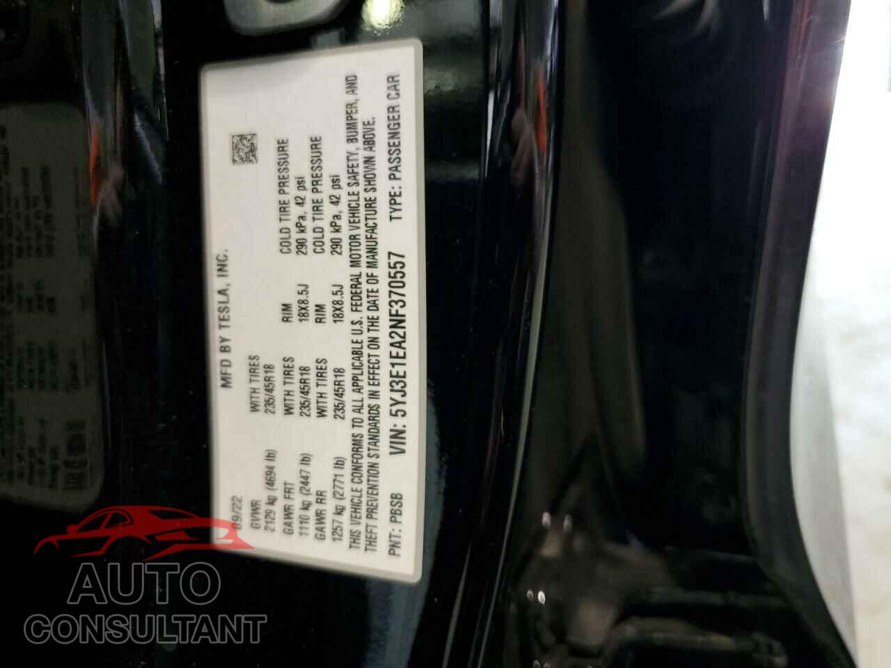 TESLA MODEL 3 2022 - 5YJ3E1EA2NF370557