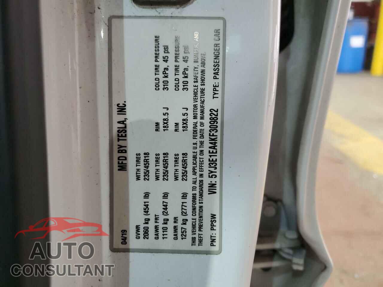 TESLA MODEL 3 2019 - 5YJ3E1EA4KF309822