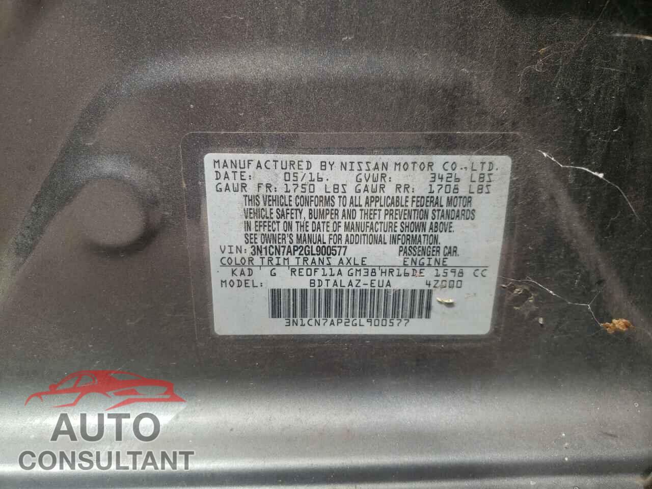 NISSAN VERSA 2016 - 3N1CN7AP2GL900577