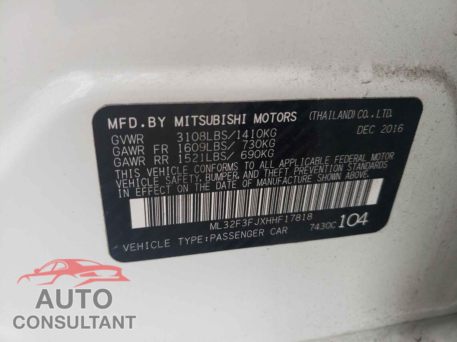 MITSUBISHI MIRAGE 2017 - ML32F3FJXHHF17818