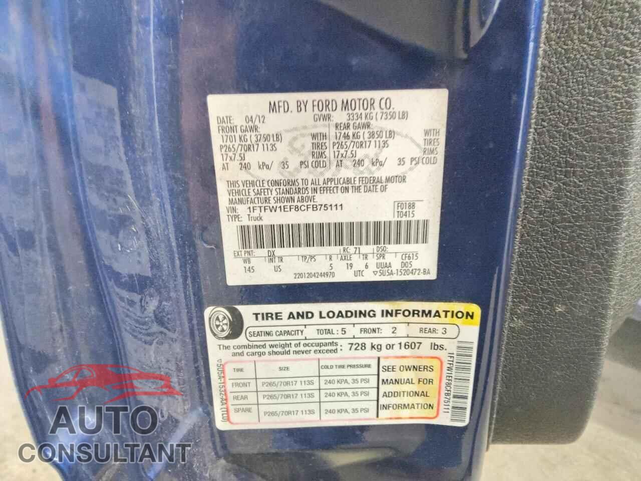 FORD F150 2012 - 1FTFW1EF8CFB75111