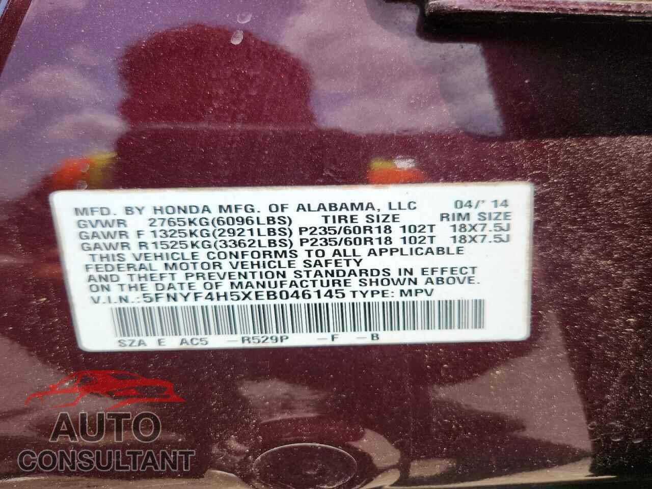HONDA PILOT EXL 2014 - 5FNYF4H5XEB046145