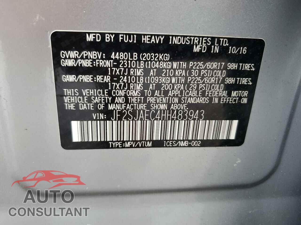 SUBARU FORESTER 2017 - JF2SJAEC4HH483943
