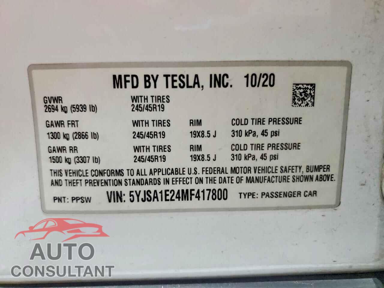 TESLA MODEL S 2021 - 5YJSA1E24MF417800