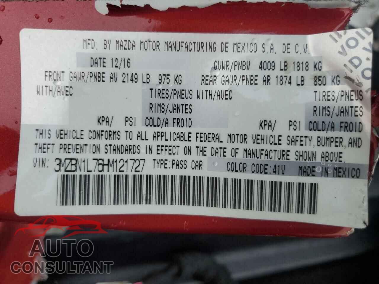 MAZDA 3 2017 - 3MZBN1L76HM121727