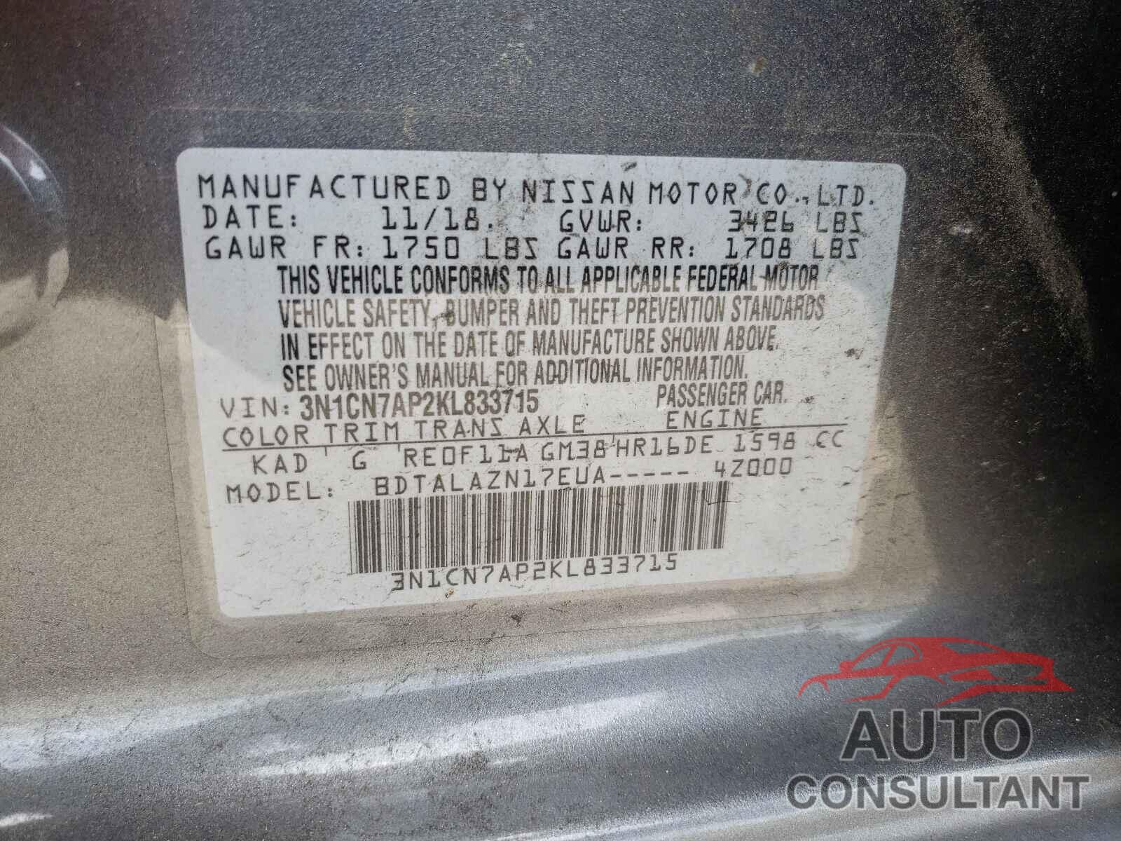 NISSAN VERSA 2019 - 3N1CN7AP2KL833715